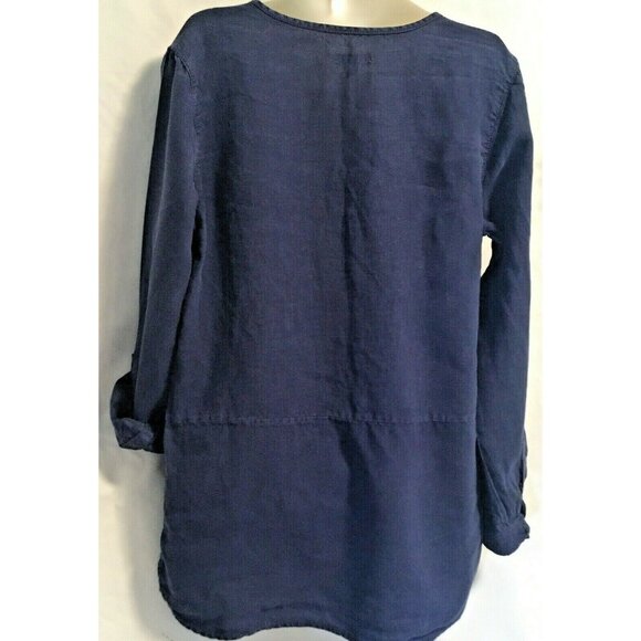 Joie 100% Linen Women Blouse Henley Size L Navy Blue Long Sleeve Rollable Hi-Lo - Picture 6 of 10